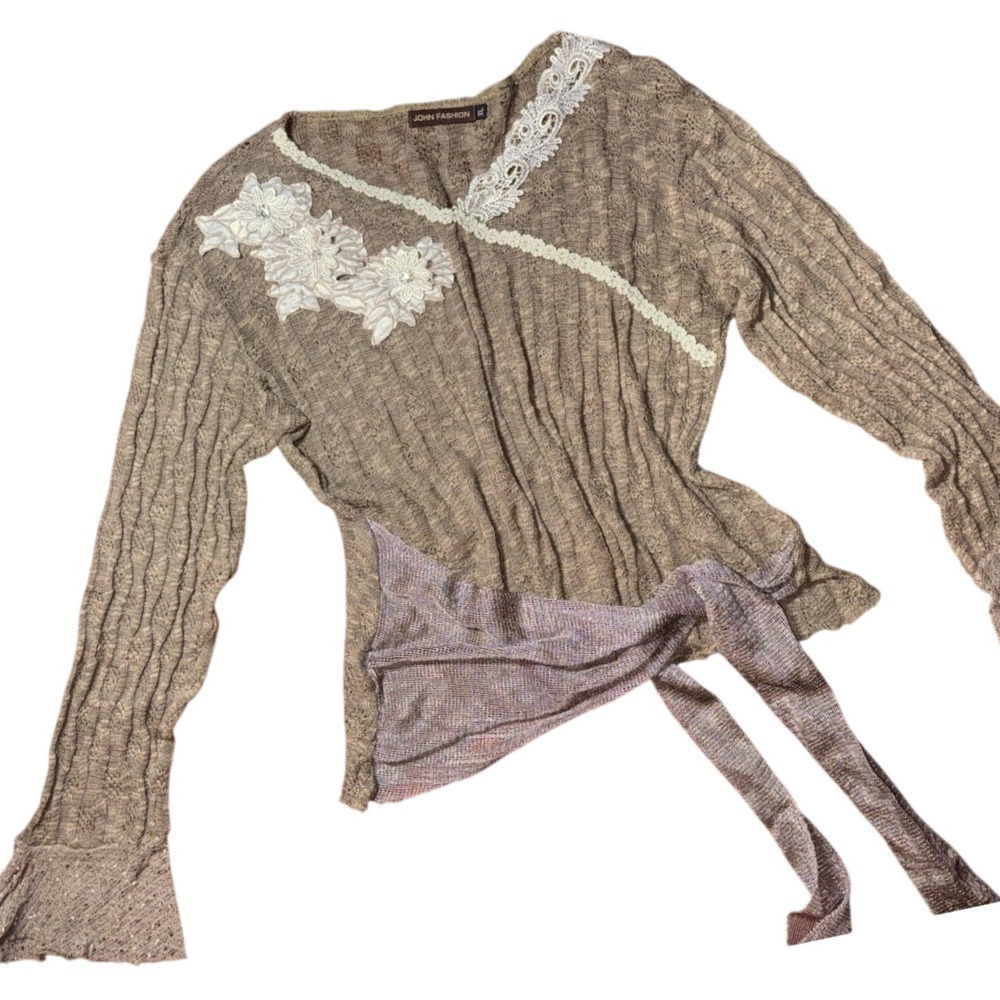 Vintage Y2K John Fashion Linen Knit Top Taupe Lace Floral Mesh Tie XL Boho